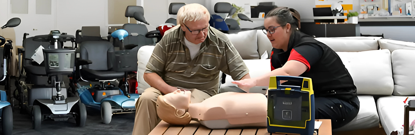 Older man talking to St John trainer about CPR