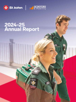 Front cover of the 2025 Annual Report showing two staff in St John Greens