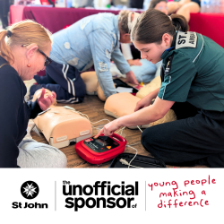 Picture of youth member helping someone learn first aid. Text reads The unofficial sponsor of young people making a difference