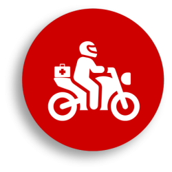 red circle with a graphic of a person on a motorbike that has a first aid kit on the back