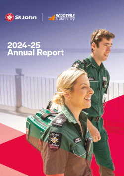 Front cover of the 2025 Annual Report showing two staff in St John Greens