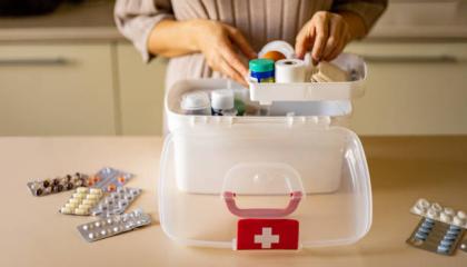 Person holding a first aid box with various medicines and first aid equipment