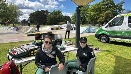 Two female St John Volunteers at Skate Park