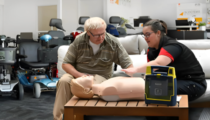 Older man talking to St John trainer about CPR