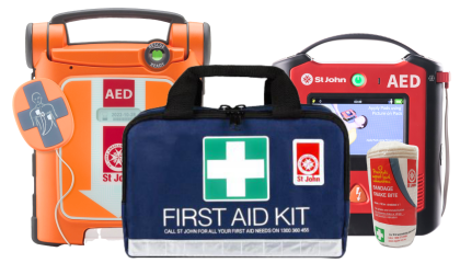 Text reads 'shop online' and has a picture of an AED and first aid kit