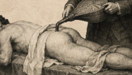 picture of a doctor blowing smoke into the rectum of a patient. 