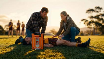 Two people performing CPR on a collapsed football player with a G5 AED nearby