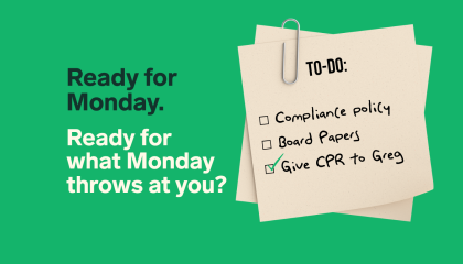 Test reads: Ready for Monday but are you ready for what Monday throws at you. Image depicts a to do list that says "Give CPR to Martin" amongst other tasks.