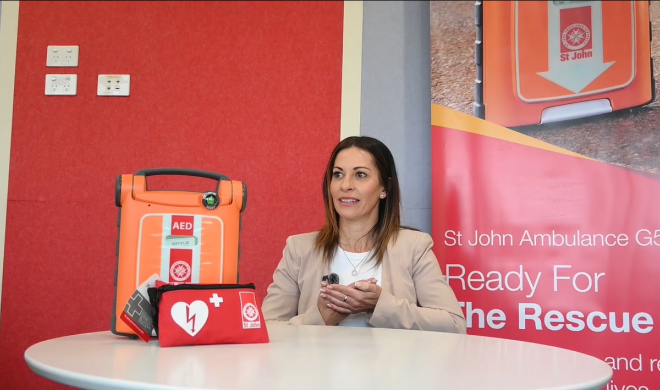 A woman being interviewed about first aid
