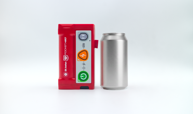 Photo of Pocket AED next to soda can demonstrating they are almost the same size.