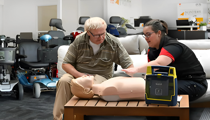 Older man talking to St John trainer about CPR