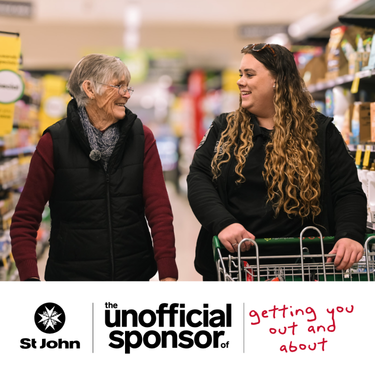 Picture of a St John volunteer helping an older person shop. Picture reads The unofficial sponsor of getting out and about