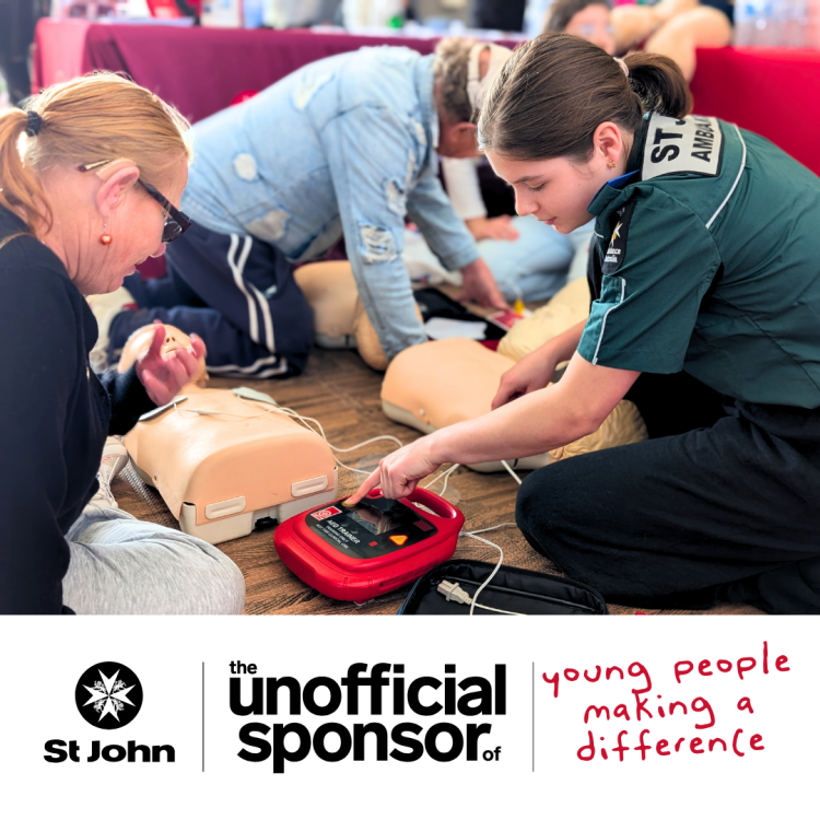 Picture of youth member helping someone learn first aid. Text reads The unofficial sponsor of young people making a difference