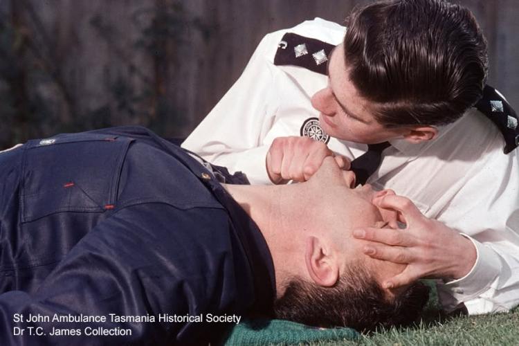 A 1970's picture of St John Tasmania volunteer performing CPR