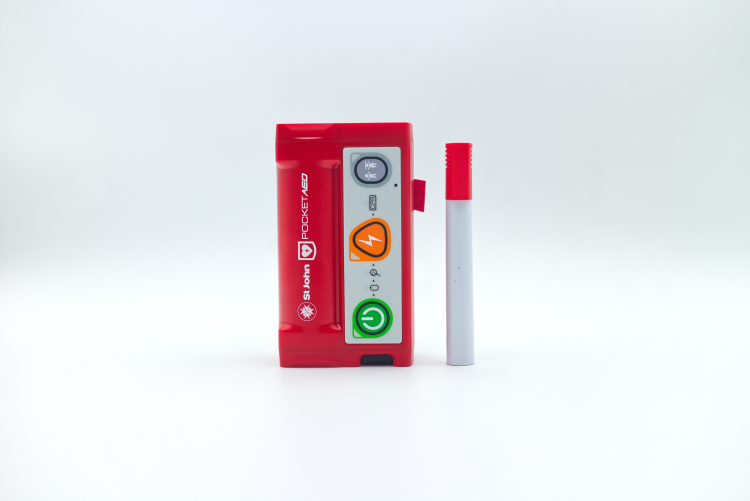 Side by side comparison of St John Pocket AED and a whiteboard marker. Image shows they are nearly the same height. 
